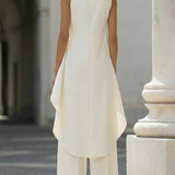 Mock Neck Asymmetric Top and Wide-Leg Pants Set