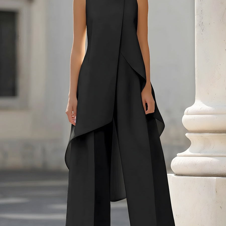 Mock Neck Asymmetric Top and Wide-Leg Pants Set