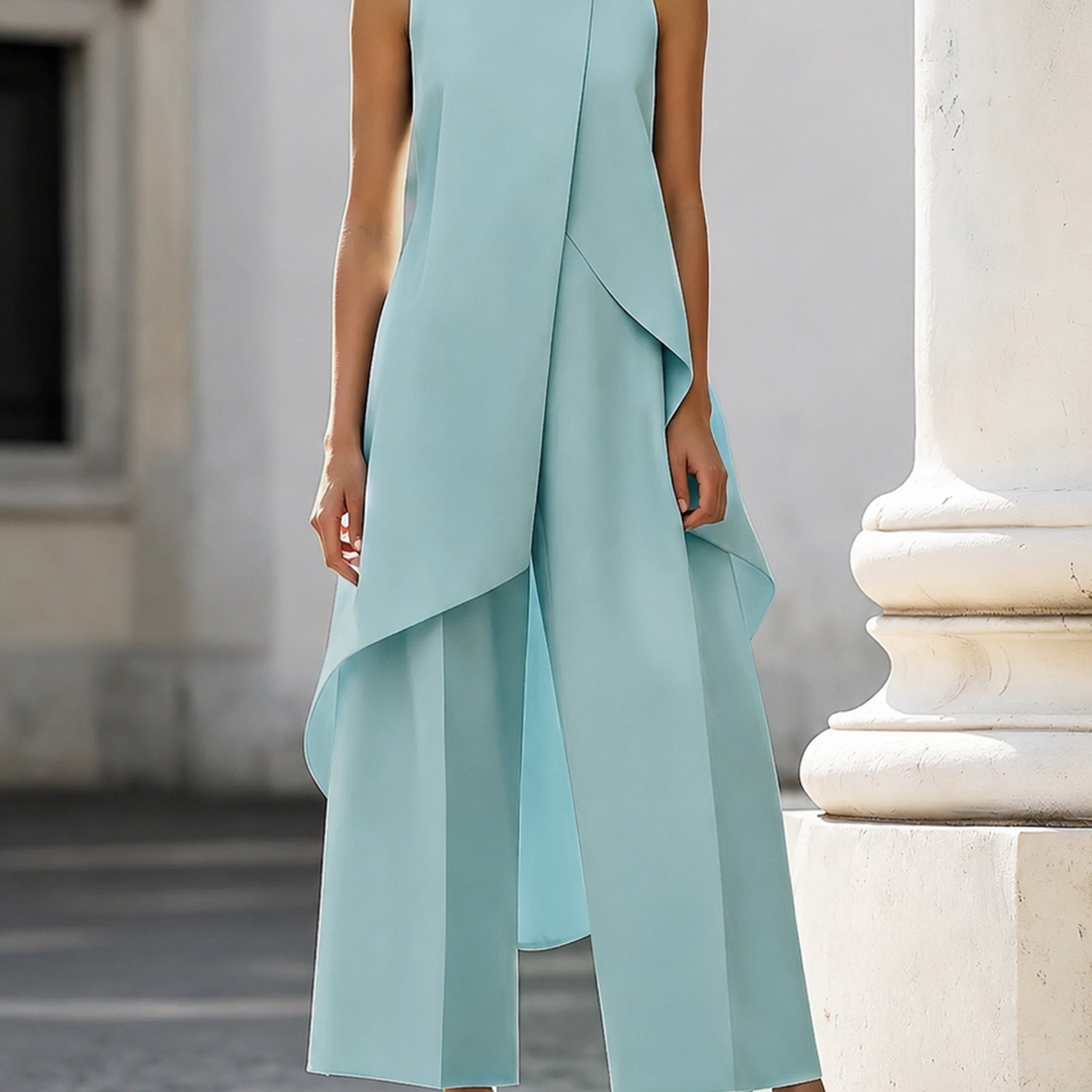 Mock Neck Asymmetric Top and Wide-Leg Pants Set