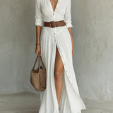 Belted Button-Front Maxi Dress with Thigh Slit and Point Collar