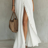Belted Button-Front Maxi Dress with Thigh Slit and Point Collar