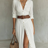 Belted Button-Front Maxi Dress with Thigh Slit and Point Collar