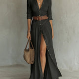 Belted Button-Front Maxi Dress with Thigh Slit and Point Collar