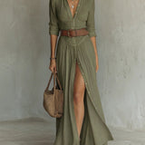 Belted Button-Front Maxi Dress with Thigh Slit and Point Collar