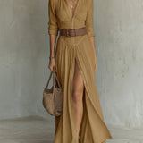 Belted Button-Front Maxi Dress with Thigh Slit and Point Collar