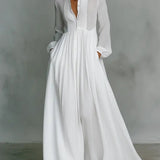 Long Sleeve Button-Front Pleated Maxi Dress with Stand Collar