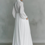 Long Sleeve Button-Front Pleated Maxi Dress with Stand Collar