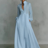 Long Sleeve Button-Front Pleated Maxi Dress with Stand Collar