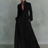 Long Sleeve Button-Front Pleated Maxi Dress with Stand Collar