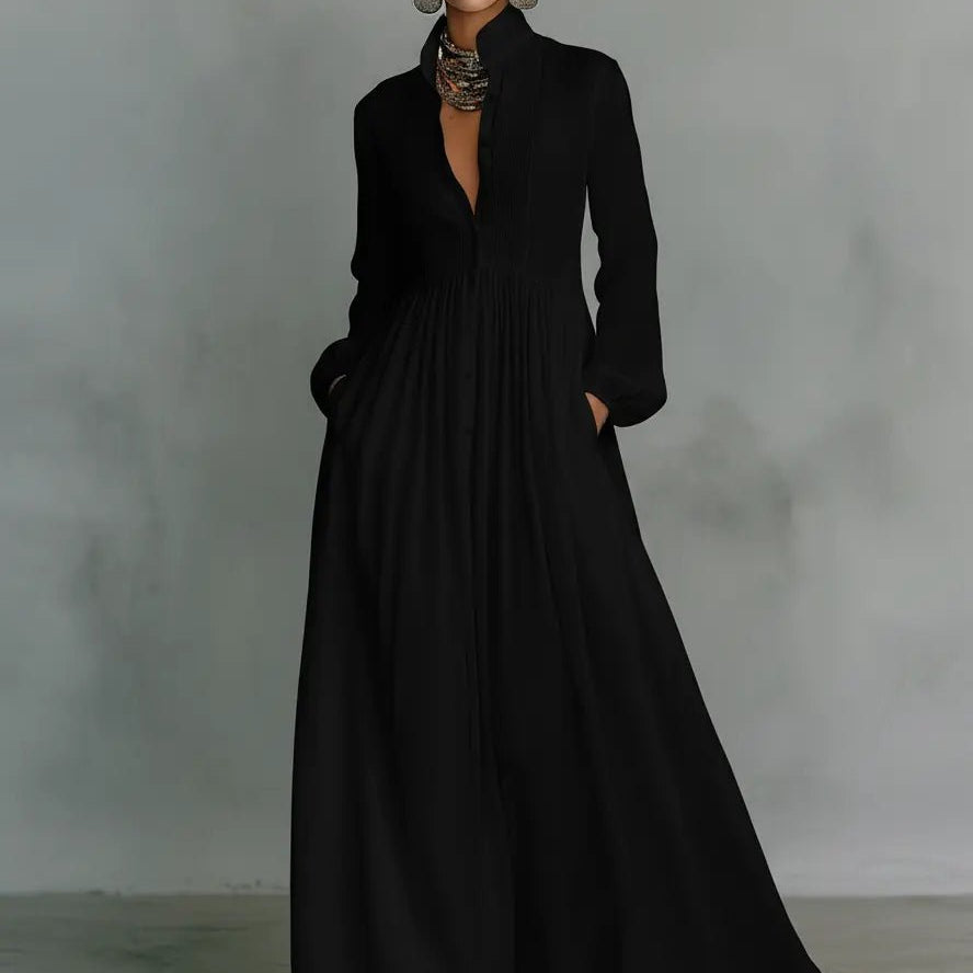 Long Sleeve Button-Front Pleated Maxi Dress with Stand Collar