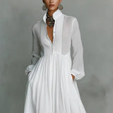 Long Sleeve Button-Front Pleated Maxi Dress with Stand Collar