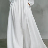 Long Sleeve Button-Front Pleated Maxi Dress with Stand Collar