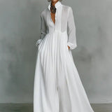Long Sleeve Button-Front Pleated Maxi Dress with Stand Collar