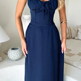 Ruched Maxi Dress with Tie Front and Spaghetti Straps