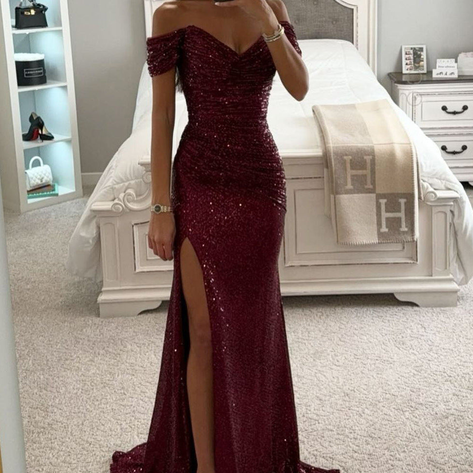Off-Shoulder Maxi Dress with Thigh-High Split
