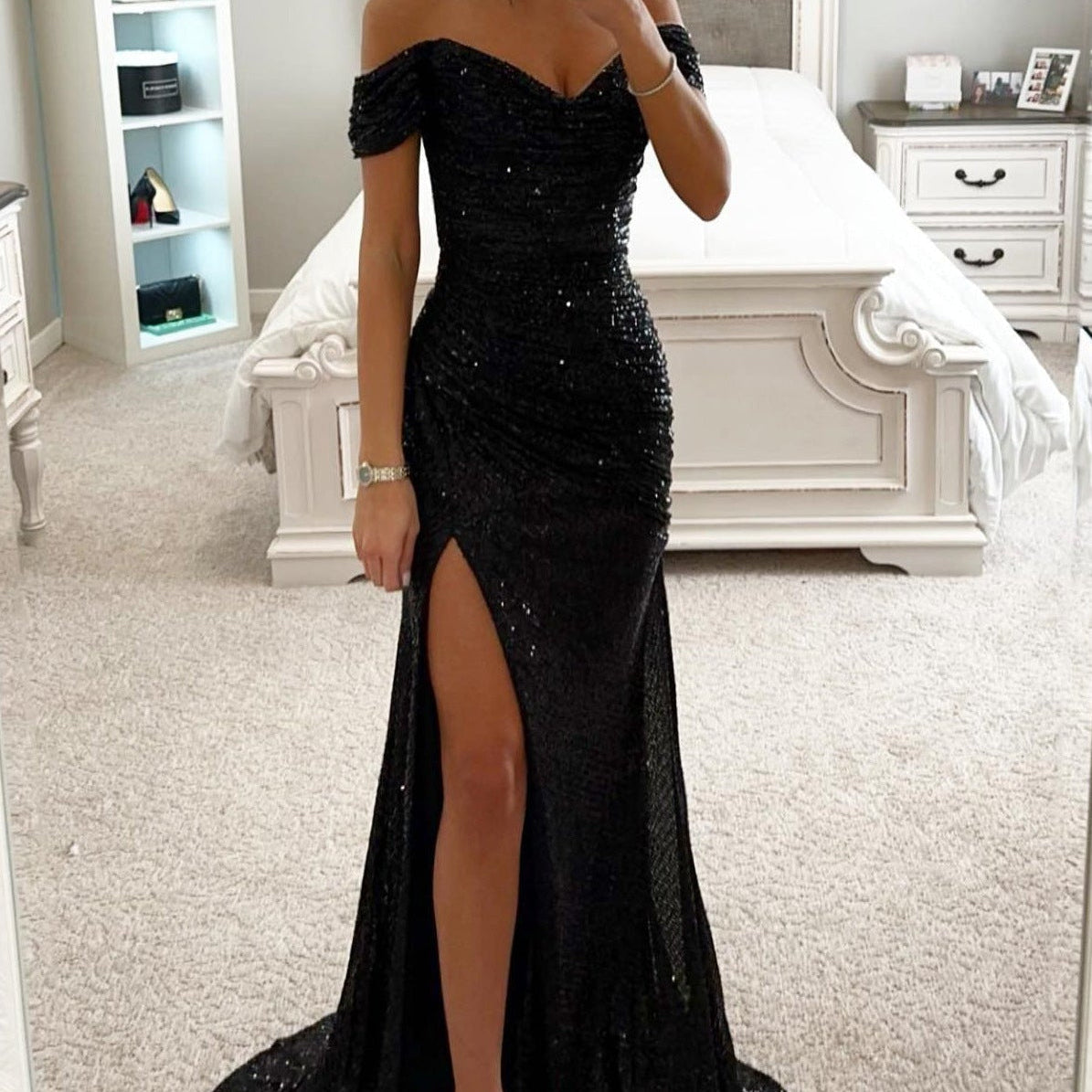 Off-Shoulder Maxi Dress with Thigh-High Split