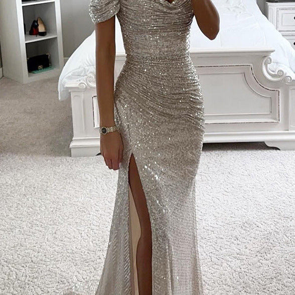 Off-Shoulder Maxi Dress with Thigh-High Split
