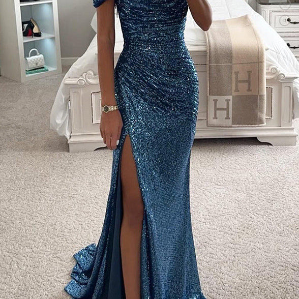 Off-Shoulder Maxi Dress with Thigh-High Split