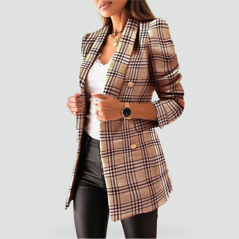 Tailored Double-Breasted Boucle Blazer with Button Front