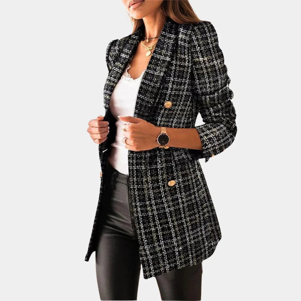 Tailored Double-Breasted Boucle Blazer with Button Front
