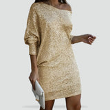 Sequin One-Shoulder Bodycon Mini Dress with Batwing Sleeve