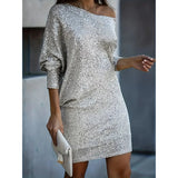 Sequin One-Shoulder Bodycon Mini Dress with Batwing Sleeve