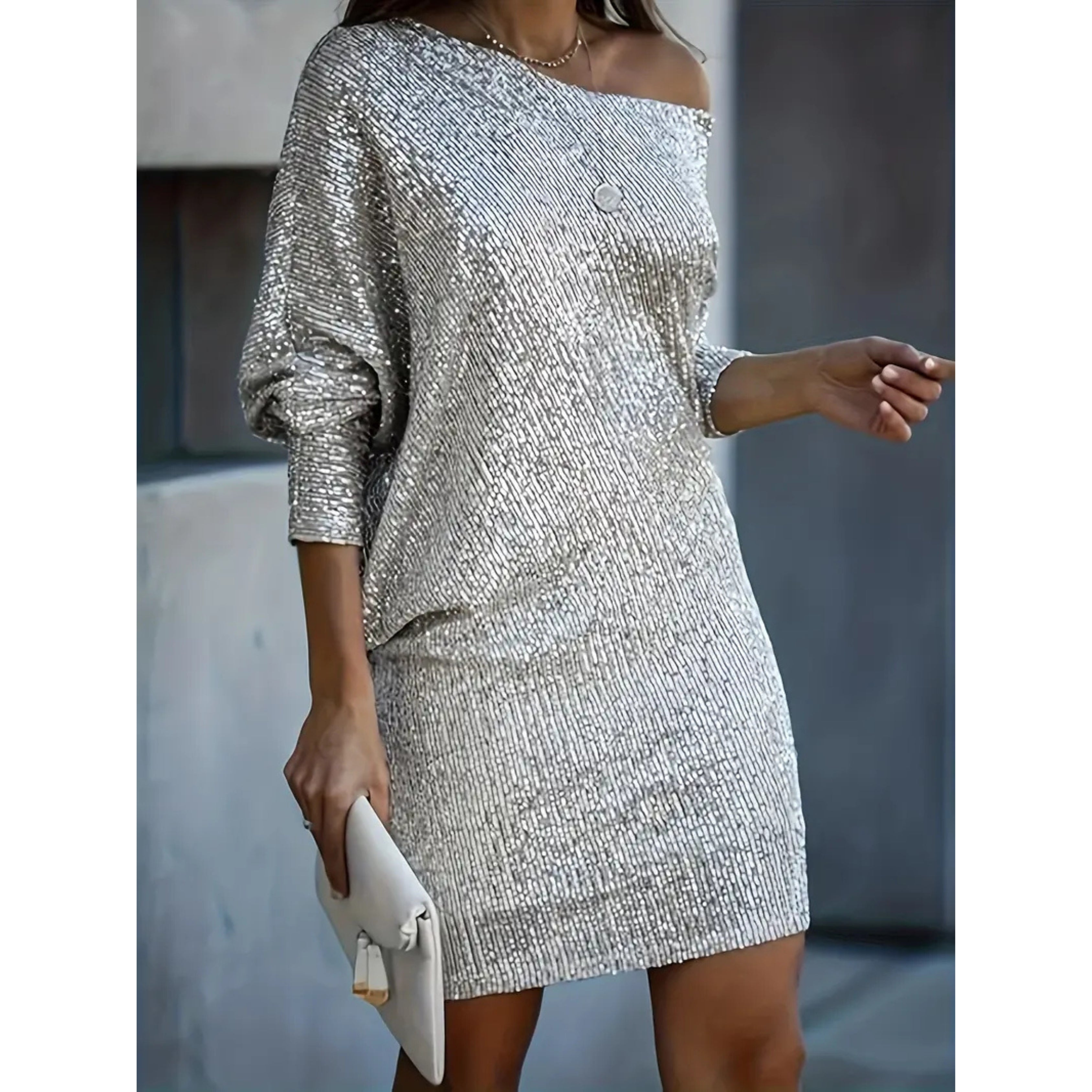 Sequin One-Shoulder Bodycon Mini Dress with Batwing Sleeve