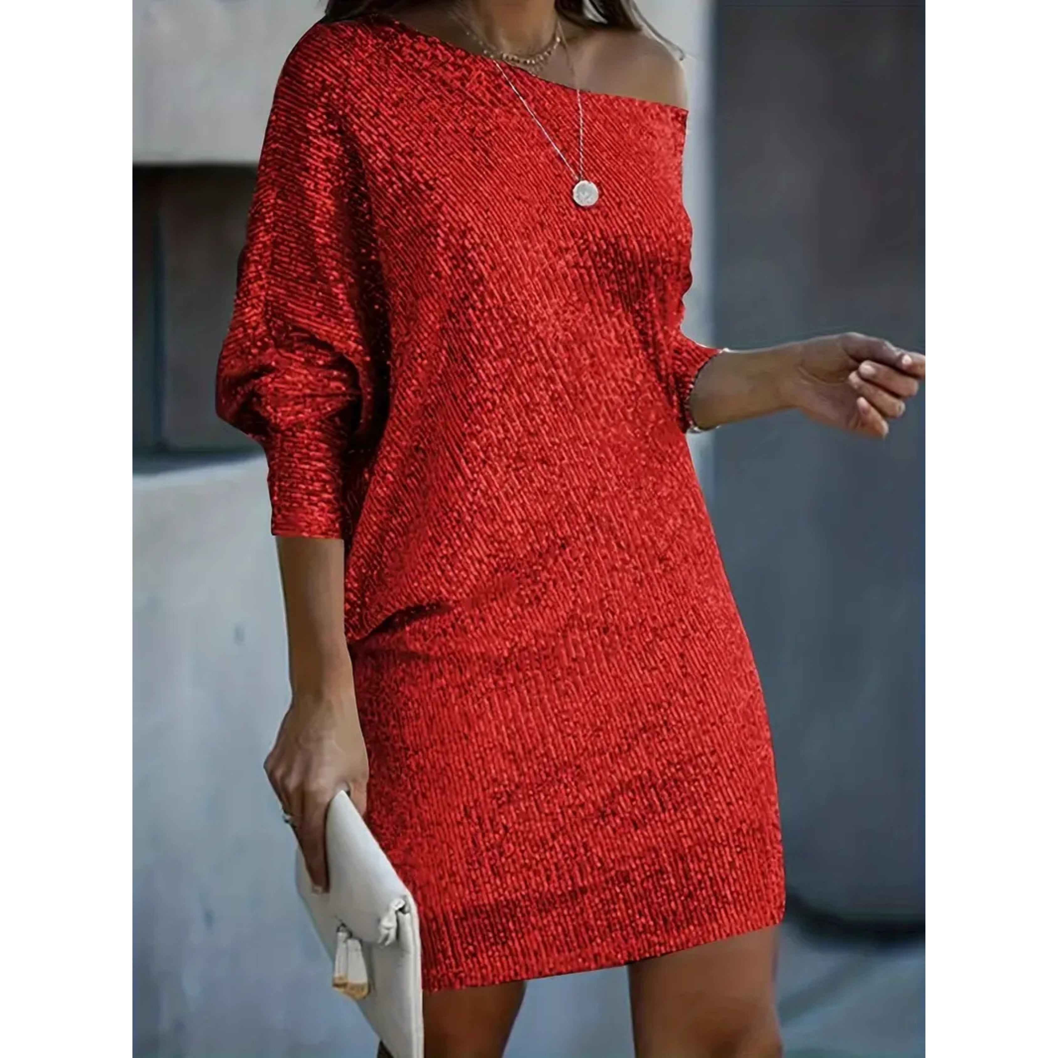 Sequin One-Shoulder Bodycon Mini Dress with Batwing Sleeve