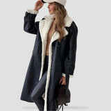 Sherpa-Lined Double-Breasted Long Coat with Belt