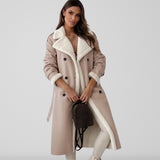 Sherpa-Lined Double-Breasted Long Coat with Belt