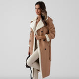 Sherpa-Lined Double-Breasted Long Coat with Belt