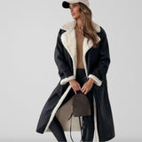 Sherpa-Lined Double-Breasted Long Coat with Belt