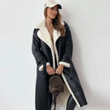 Sherpa-Lined Double-Breasted Long Coat with Belt
