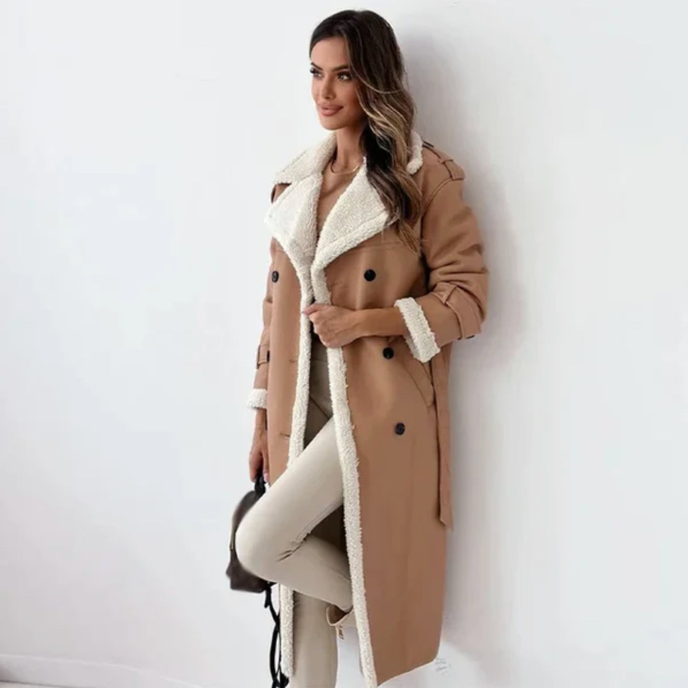 Sherpa-Lined Double-Breasted Long Coat with Belt