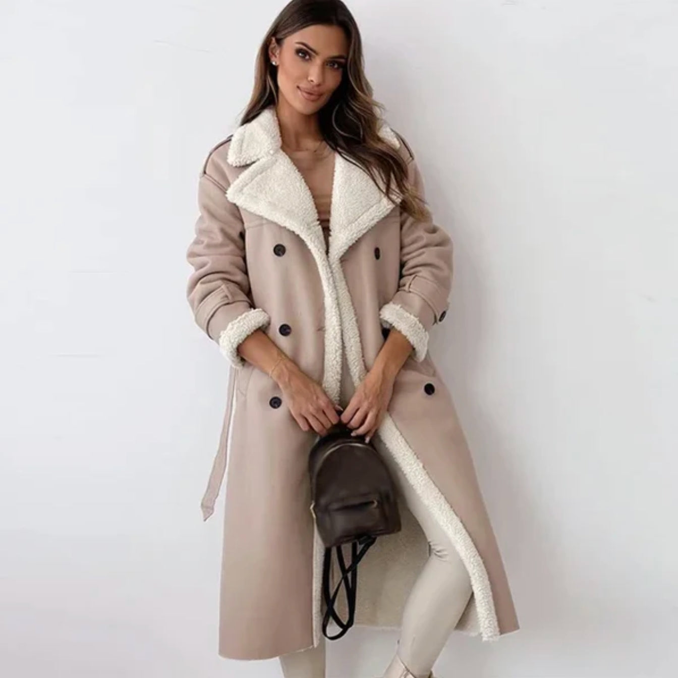 Sherpa-Lined Double-Breasted Long Coat with Belt