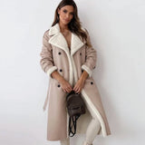 Sherpa-Lined Double-Breasted Long Coat with Belt