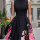 Floral A-Line Midi Dress with Pleated Skirt