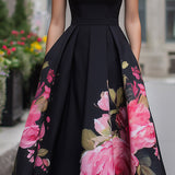Floral A-Line Midi Dress with Pleated Skirt