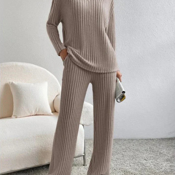 Two-Piece Ribbed Knit Set with V-Neck Sweater and Wide-Leg Pants