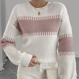 Two Tone Ribbed Knit Sweater with Balloon Sleeves and Ribbed Cuff