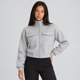 Cropped Zip-Front Bomber Jacket with Stand Collar and Flap Pockets