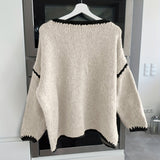 Oversized Knit Sweater with Long Sleeves and Contrast Trim