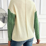 Cable Knit Color Block Sweater with Chest Pocket and Round Neck