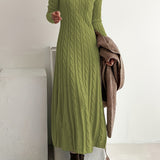 Cable Knit Maxi Sweater Dress with Round Neck and Long Sleeves