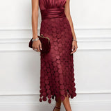 Halter Neck Midi Dress with Ruched Waist and Cutout Skirt