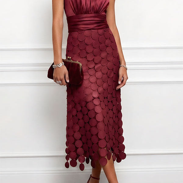 Halter Neck Midi Dress with Ruched Waist and Cutout Skirt