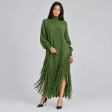 Women's Turtleneck Knit Maxi Dress with Long Fringe Hem and Long Sleeves
