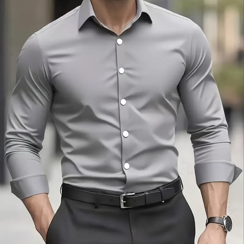 Slim Fit Button Up Shirt with Spread Collar and Long Sleeves