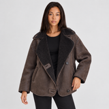 Oversized Faux Suede Jacket with Shearling Collar and Button Front
