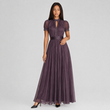 Pleated A-Line Maxi Dress with High Neck and Puff Sleeves